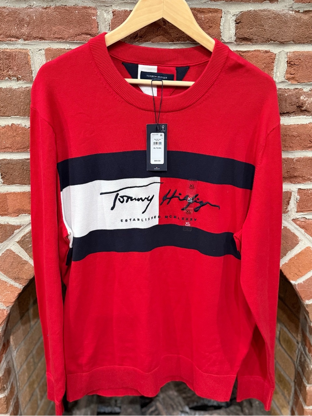 Tommy Hilfiger Red Crewneck Sweater with Navy & White Stripes